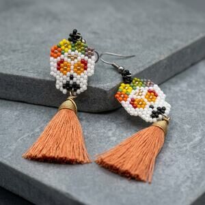 Mexican earrings chaquira SKULL  desing day of the dead 3X1 Inches Orange tassel